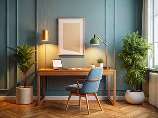 Cozy and Minimalist Home Workplace Interior with Frame Mockup – A Serene 3D Rendered Space Ideal for Productivity and Style