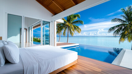 Fototapeta premium Luxurious beachside villa with infinity pool overlooking ocean and palm trees, perfect vacation getaway.