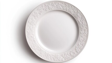 Elegant White Porcelain Plate with Delicate Floral Pattern,Isolated on White Background
