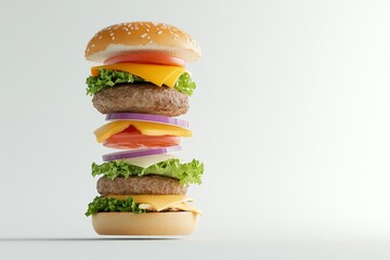 Stacked burger with layers of fresh ingredients, showcasing creativity in fast food presentation during a bright daytime