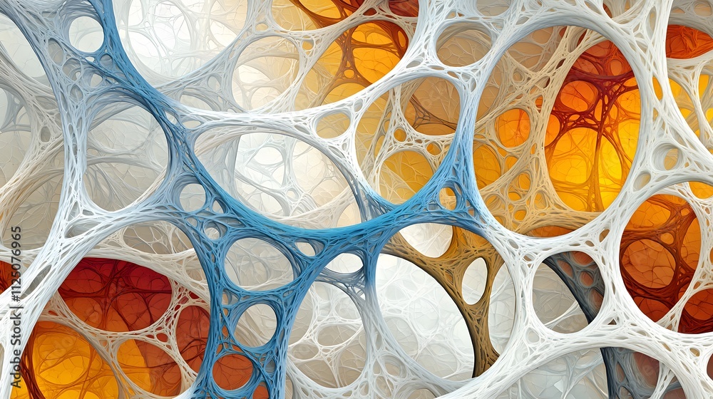 Poster A symbolic abstract pattern of translucent overlapping shapes blending into seamless connections.