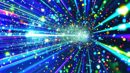 A detailed 3D bar chart in neon colors, with each bar representing a different industry sector. The background features a digital network of connecting lines and data.