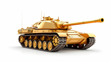 A 3D rendering showcases a gold plated military tank, powerful and imposing. Its tracks and cannon are detailed, set against a white background.