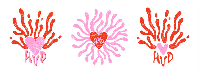 Happy Valentine's Day surreal psychedelic graphic design elements card templates. Linocut relief printing texture. Textured grungy hearts, fluid organic lines, blob wavy rounded sprouts. HVD lettering