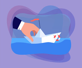 Hand of business leader holding paper sail boat with flag. Search of success strategy and opportunity by person flat vector illustration. Goal concept for banner, website design or landing web page