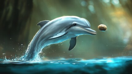 Obraz premium A dolphin playfully nudging a floating object in the water, its curious eyes and playful demeanor highlighted against a vibrant ocean backdrop