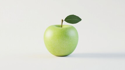 Vibrant Green Apple with Leaf on Minimalist White Background