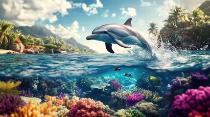 Naklejka premium A dolphin splashing playfully in shallow waters, with colorful coral reefs visible below, creating a lively scene filled with underwater beauty