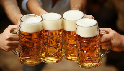 glass of beer in hand. four people toasting with bavarian beer kegs