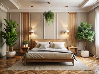 Cozy Bedroom Wall Mockup Featuring a Wooden Bed with White Sheets and an Ornamental Plant in a Stylish Interior Design 3D Rendering and Illustration for Modern Homes
