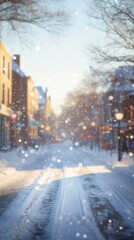 Snowy urban street with car tracks and blurred pedestrians