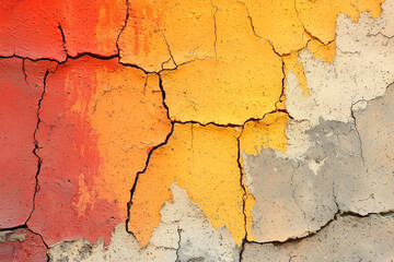 Obraz premium vibrant painted concrete wall featuring blend of red, orange, and yellow hues, showcasing subtle cracks and texture. colors create striking visual impact