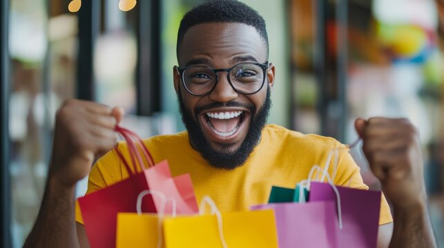 A joyful man celebrates shopping success, holding colorful bags and smiling with excitement.
