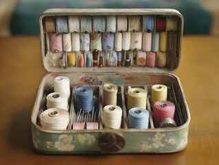 nostalgic sewing kit with spools of thread and crafting essentials