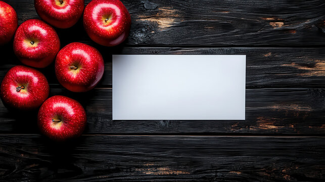 Fresh red apples arranged on rustic wooden table with blank space for adding text or graphics. Perfect for autumn themed designs or food related content