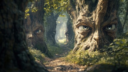Enigmatic forest path with tree faces.