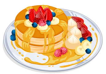Breakfast Pancakes with Maple Syrup, Cream, Banana Slices and Berries. Anime Food Art