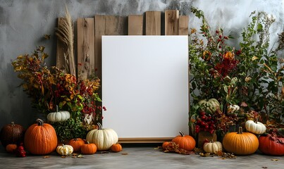 A blank canvas with autumn and Thanksgiving day decorations around its design,


