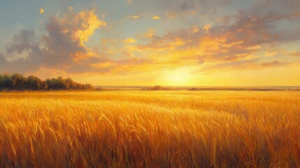 Golden Wheat Field Sunset Landscape Painting