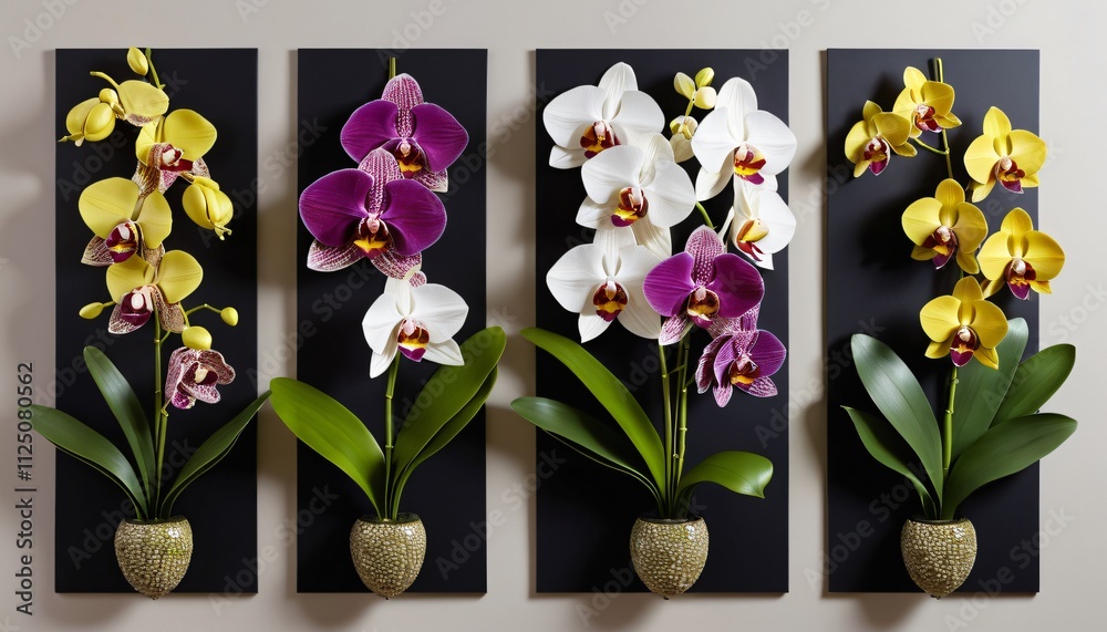 Fototapete 3d panels with realistic, exotic orchids. the should feature purple and white phalaenopsis orchids, 