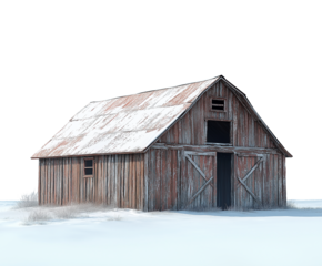 old rustic red wooden barn in the snow, isolated on white background, weathered wood barn in winter, cutout png