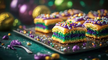 Festive Mardi Gras Layered Cake with Colorful Decorations for Celebration