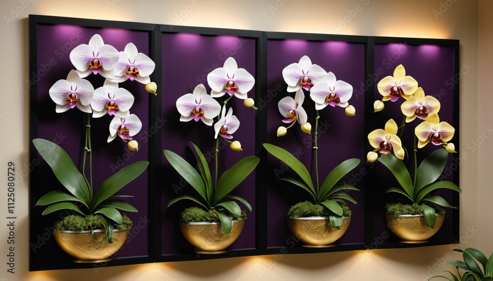 Fototapete 3d panels with realistic, exotic orchids. the should feature purple and white phalaenopsis orchids, 