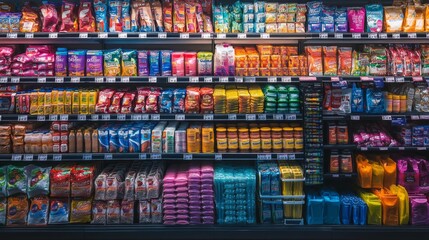 A vibrant display of packaged products in a supermarket, showcasing a variety of snacks and goods organized on shelves.
