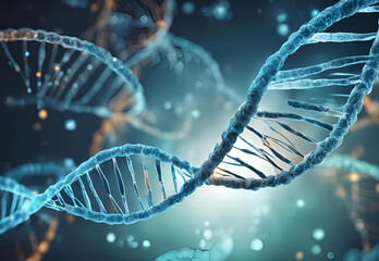 dna helix intertwined with futuristic digital elements in a glowing science-inspired setting