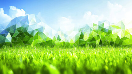 Vibrant green grass with geometric landscape of blue and green triangles under bright sky creates serene and modern atmosphere. Perfect for adding text or graphics
