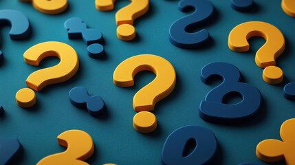 Colorful question marks in blue and yellow on teal background create playful and engaging atmosphere, perfect for adding text or graphics