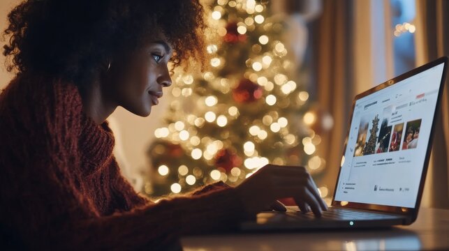 A woman uses a laptop in front of a festive Christmas tree, illuminated by soft lights, capturing a cozy holiday ambiance.