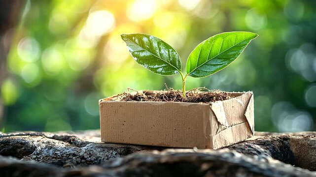 Leaf Growing from Decomposed Cardboard Box in Natural Setting