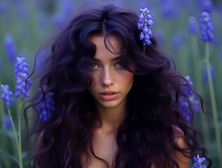 Naklejka premium bold portrait of a woman framed by purple blooms and flowing hair