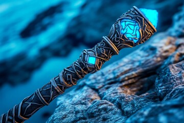 A mystical ebony staff glowing with ethereal blue light, embedded with runes and adorned with silver filigree