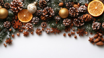Festive arrangement of pine cones, oranges, and ornaments on snowy background, perfect for holiday greetings and seasonal designs