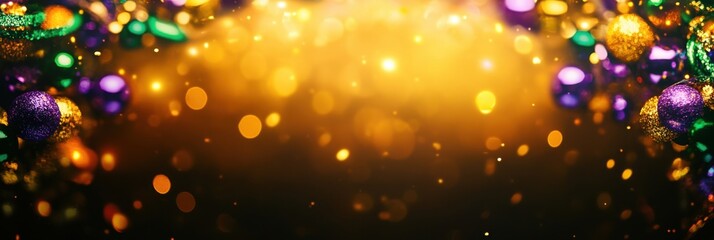 Obraz premium Festive Holiday Celebration Mardi Gras Background with Colorful Ornaments and Bokeh Lights