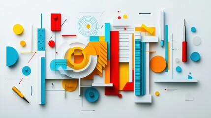 Layered papercut geometric design with minimalist symbols on white background