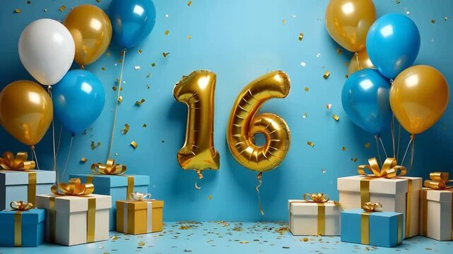 A blue and gold 16th birthday anniversary celebration with balloons and confetti	
