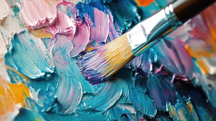 Fototapeta premium A close-up of a paint brush creating vibrant strokes on a colorful canvas.
