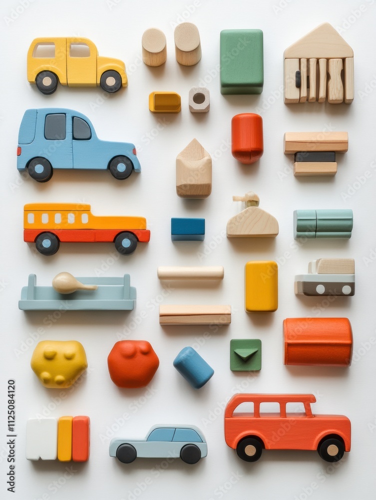 Aufkleber various children’s toys are displayed in a flat lay arrangement on a white background, allowing spac