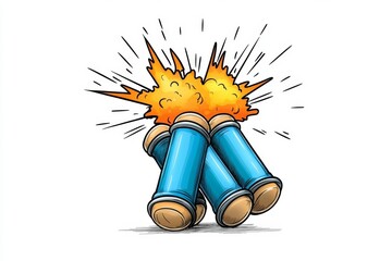 Fototapeta premium A playful 2D illustration of dynamite sticks with cartoonish sparks flying from the fuse, drawn in bright colors on a white background