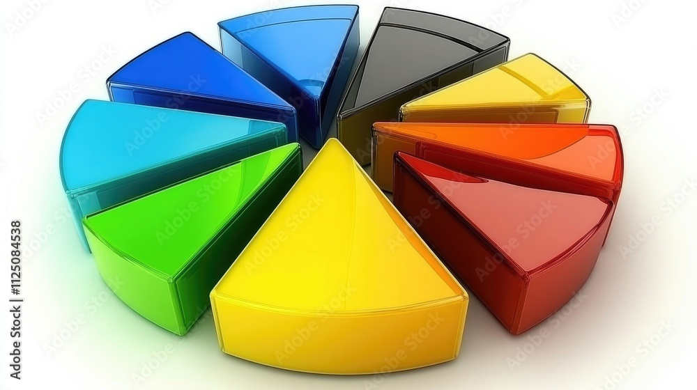 Poster a modern 3d pie chart with shiny, transparent slices in vivid colors, floating in space. each slice 