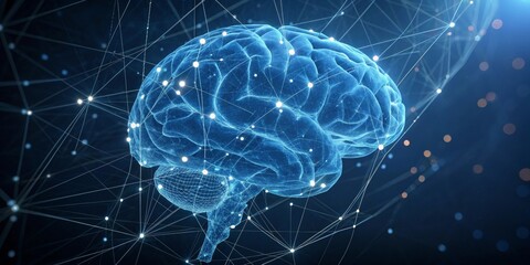 This image illustrates a translucent digital brain with interconnected nodes, symbolizing the complexity of human thoughts and neural connections in a visually striking way.