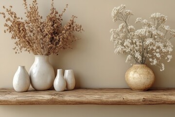 A minimalist shelf display featuring decorative vases with dried flowers against a neutral backdrop.