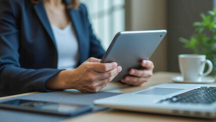 Fototapeta premium Professional woman working on tablet in modern office environment