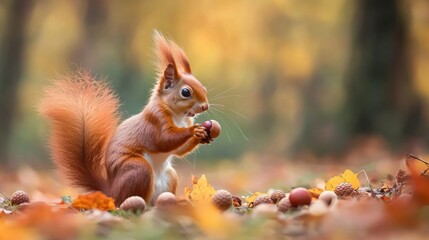 A playful squirrel gathering acorns in a forest during autumn.