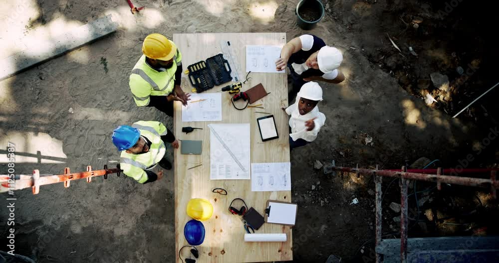 Poster collaboration, engineering and planning with construction worker team on building site from above. a
