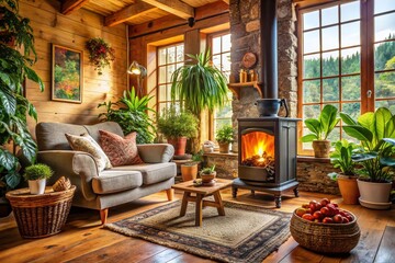 Cozy Living Room Featuring a Pellet Stove and Wood Stove, Showcasing Warmth and Comfort in a Rustic Atmosphere with Natural Light and Inviting Decor Elements