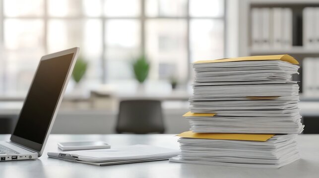 Desk with Stacks of Unpaid Business Invoices - 3D of Financial Debt Concept